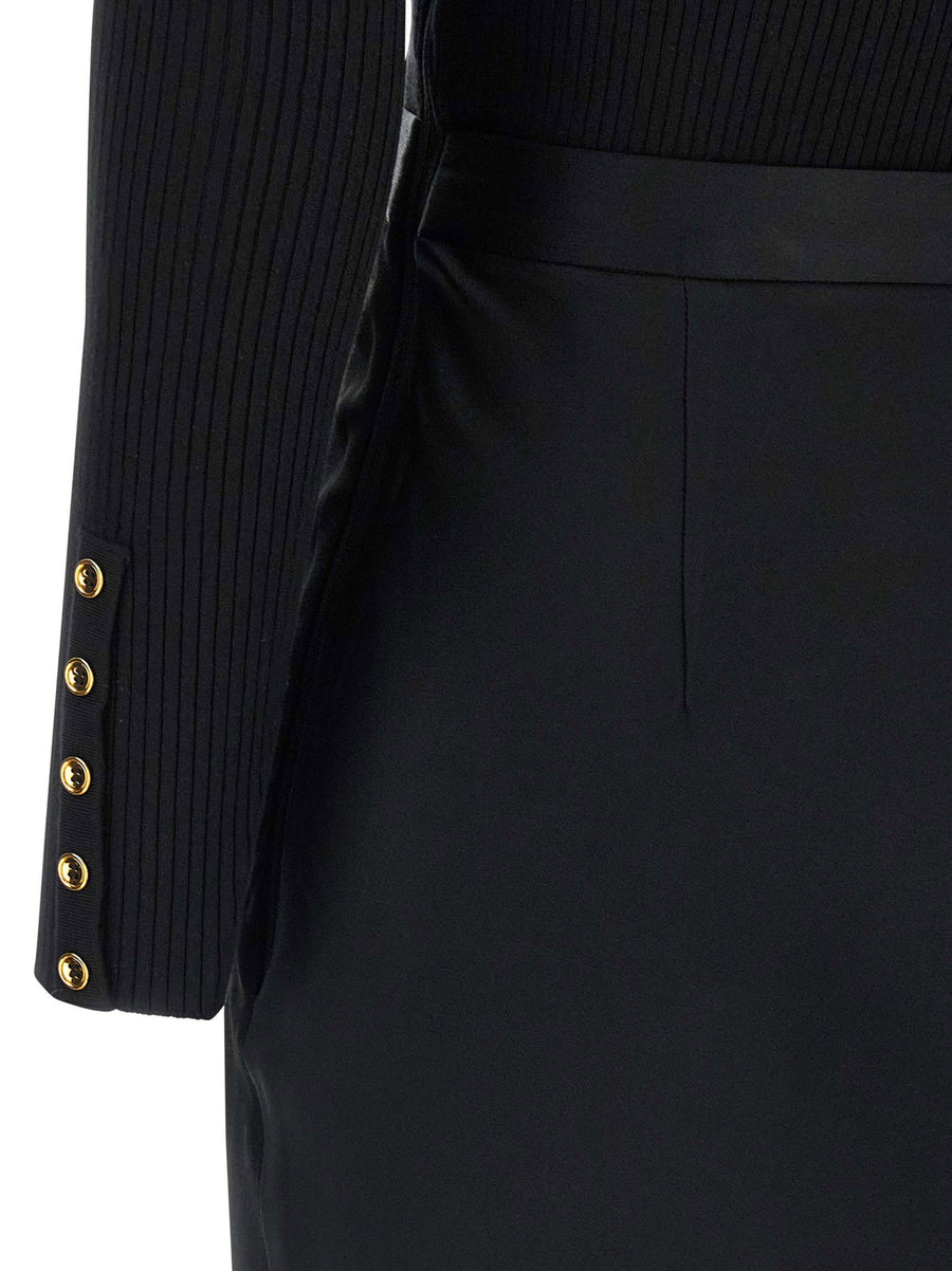 Elisabetta Franchi Luxurious Turtleneck Dress For Women With Ribbed Knit Bodice And Satin Flared Midi Skirt Black