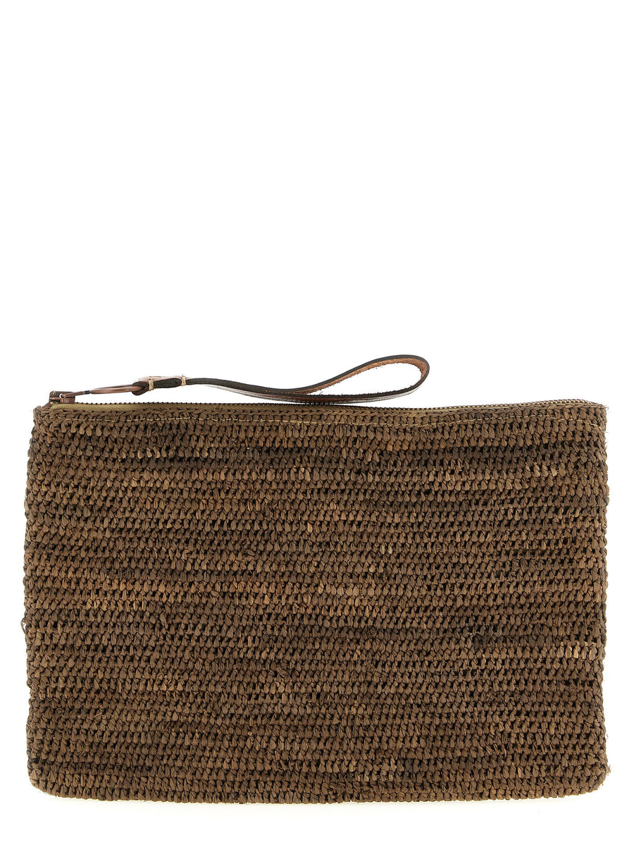 Ibeliv Ampy Crocheted Raffia Clutch With Leather Handle Zip Closure Handcrafted Elegant For Women