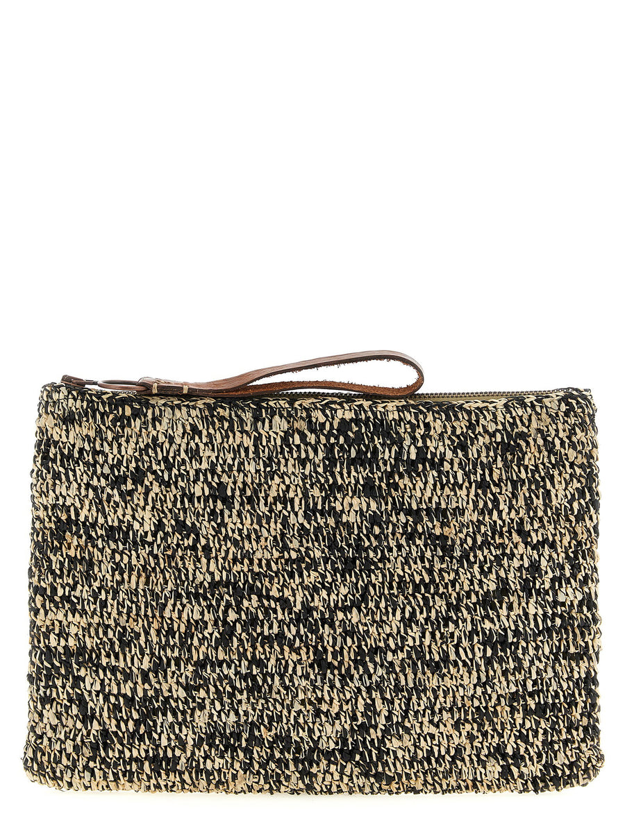 Ibeliv Ampy Clutch White Black Crochet Raffia With Leather Handle Zip Closure