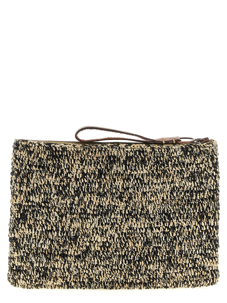 Ibeliv Ampy Clutch White Black Crochet Raffia With Leather Handle Zip Closure