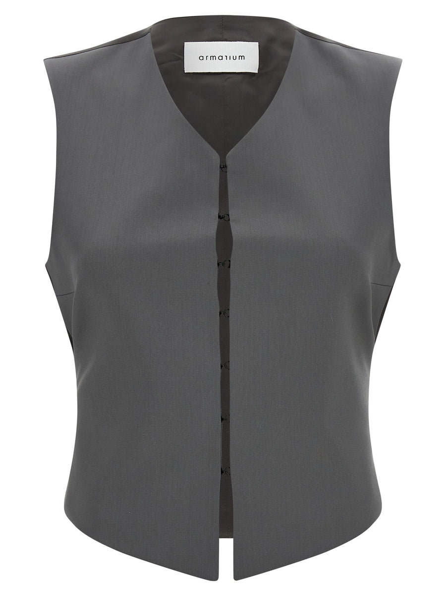 Armarium Guia Vest Gray Wool Cupro Blend V Neck Concealed Closure Satin Back For Women