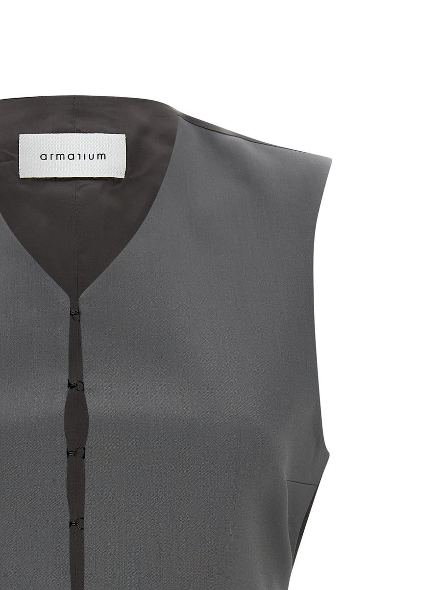 Armarium Guia Vest Gray Wool Cupro Blend V Neck Concealed Closure Satin Back For Women