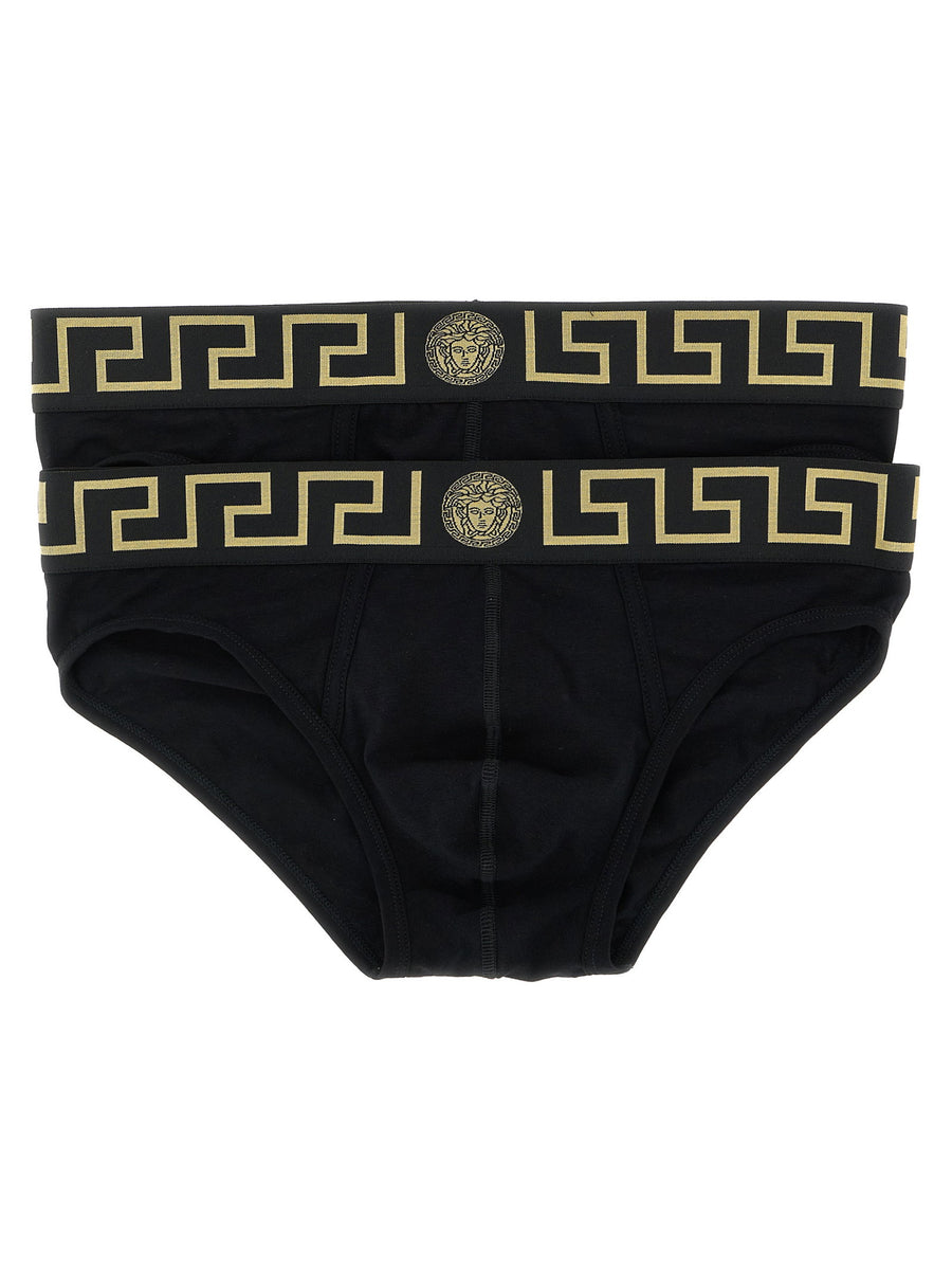 Versace Greca 2 Pack Black Cotton Briefs Set Elastane For Men