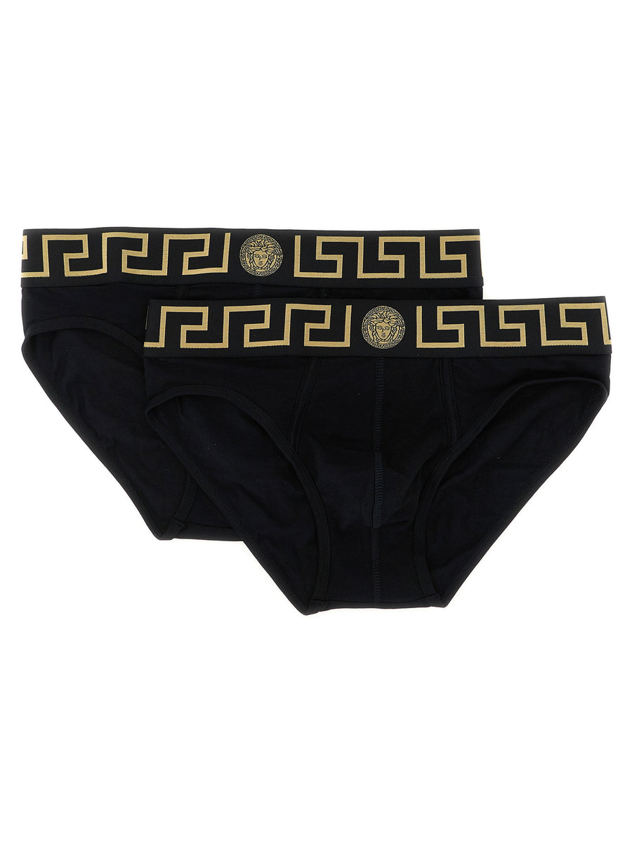 Versace 2 Pack Briefs With Greca Pattern Black Cotton Elastane