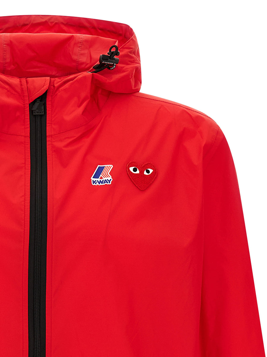 Comme Des Garçons Play X K-Way Hooded Waterproof Rain Jacket For Women Lightweight Red Nylon