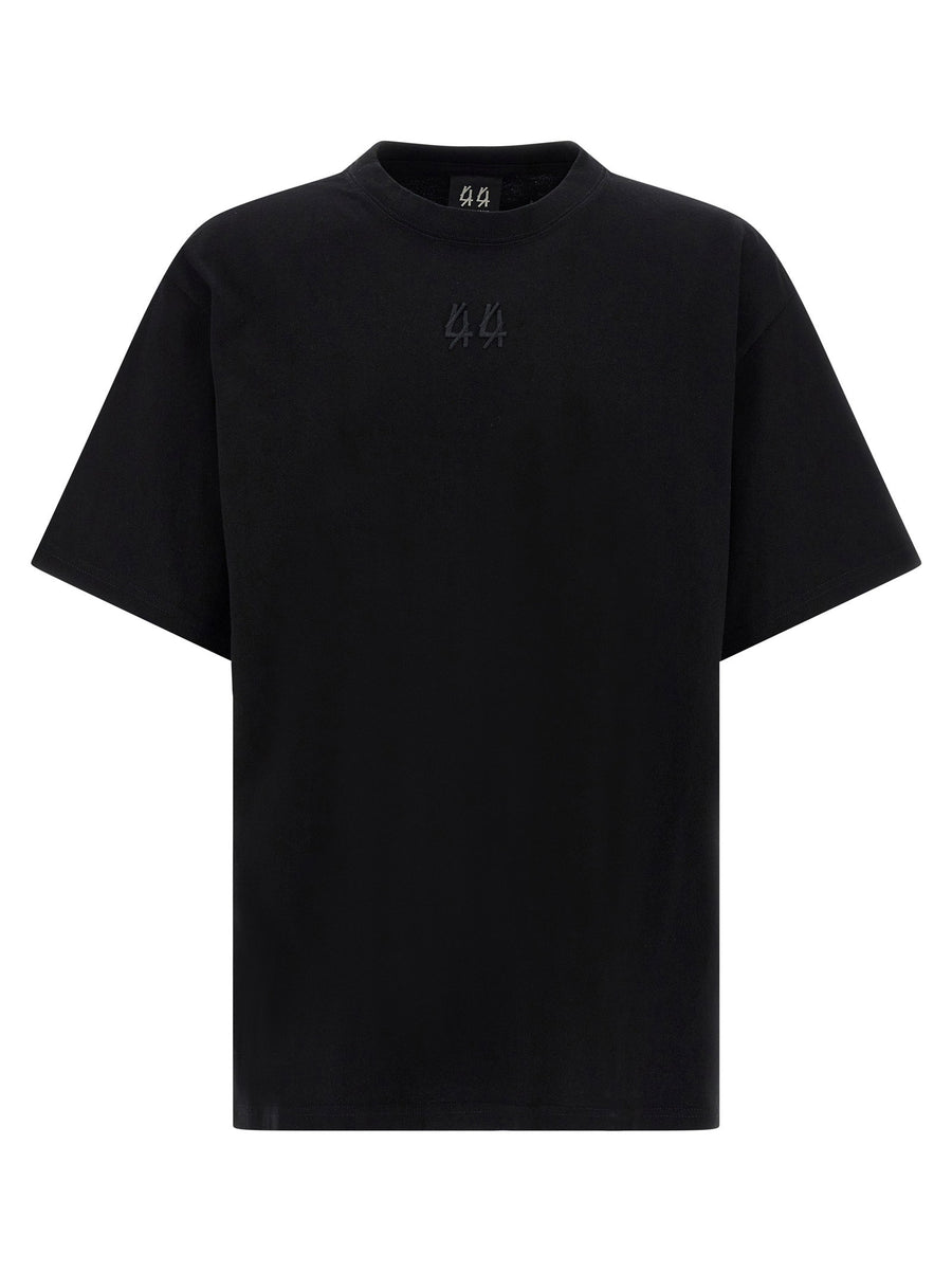 44 Label Black 100 Percent Cotton Embroidered Front Logo T Shirt With Back Print