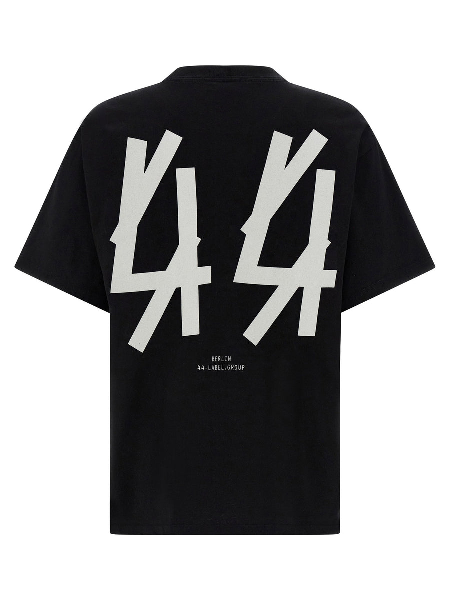 44 Label Black 100 Percent Cotton Embroidered Front Logo T Shirt With Back Print