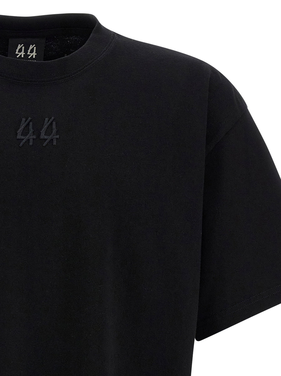 44 Label Black 100 Percent Cotton Embroidered Front Logo T Shirt With Back Print