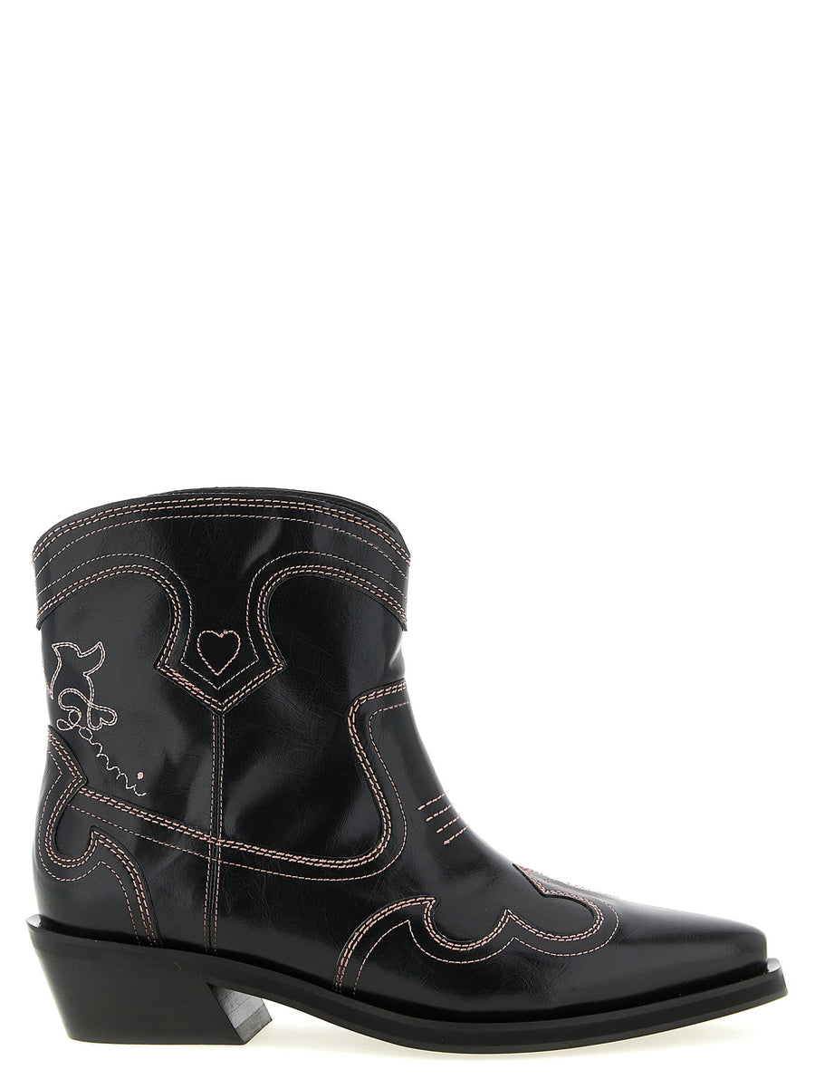 Ganni Low Shaft Embroidered Western Ankle Boots