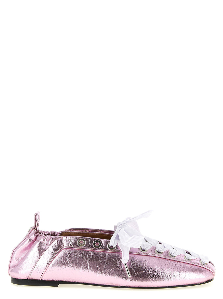 Ganni Lace Up Ballet Flats for Women Pink Pelinova Craquele Metallic Leather Sustainable Chic