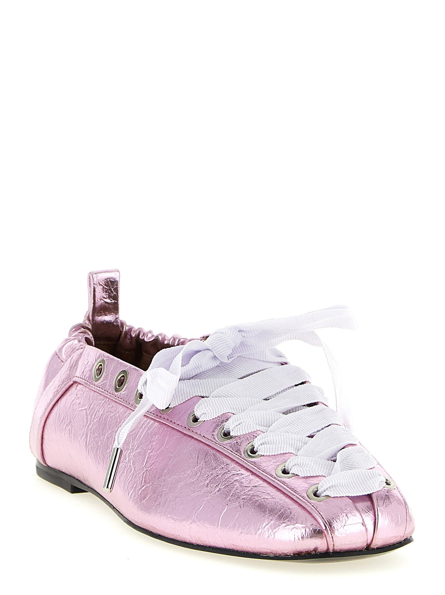 Ganni Lace Up Ballet Flats for Women Pink Pelinova Craquele Metallic Leather Sustainable Chic