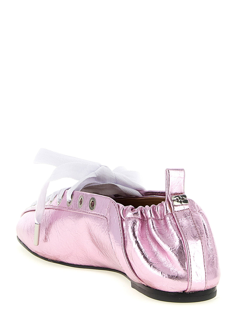 Ganni Lace Up Ballet Flats for Women Pink Pelinova Craquele Metallic Leather Sustainable Chic