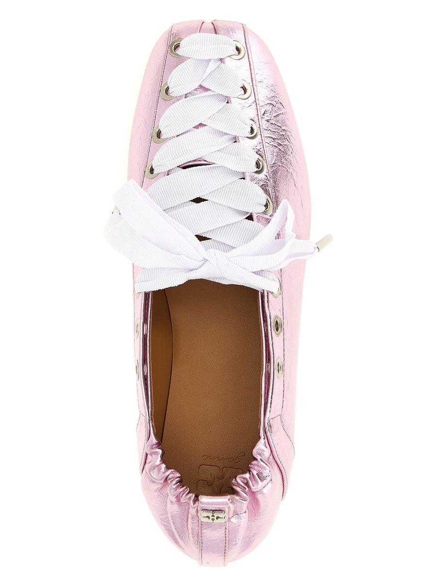 Ganni Lace Up Ballet Flats for Women Pink Pelinova Craquele Metallic Leather Sustainable Chic