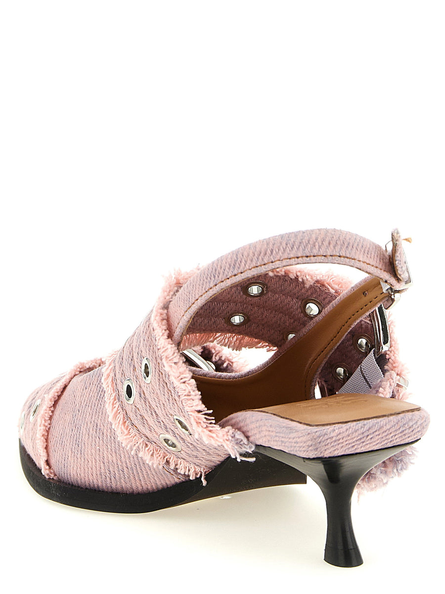 Ganni Feminine Buckle Fringed Denim Slingback