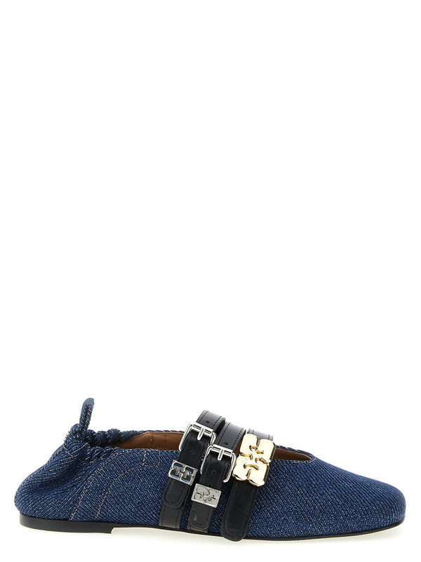 Ganni Sue Triple Ballet Flats Denim Inspired For Women With Adjustable Straps All Day Comfort Organic Cotton