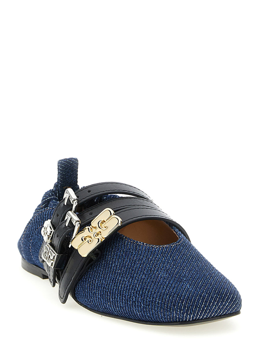 Ganni Sue Triple Ballet Flats Denim Inspired For Women With Adjustable Straps All Day Comfort Organic Cotton