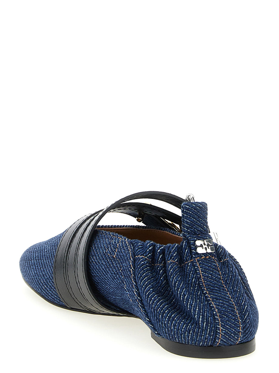 Ganni Sue Triple Ballet Flats Denim Inspired For Women With Adjustable Straps All Day Comfort Organic Cotton