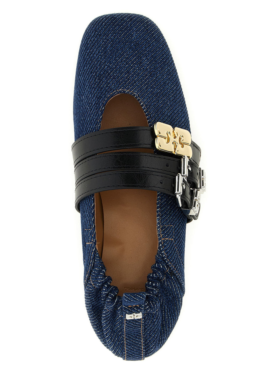 Ganni Sue Triple Ballet Flats Denim Inspired For Women With Adjustable Straps All Day Comfort Organic Cotton