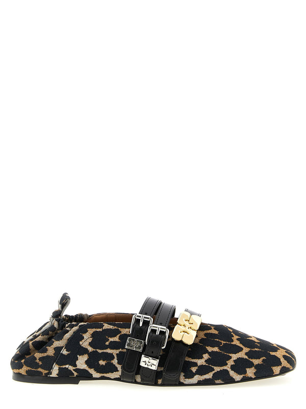 Ganni Sue Ballet Flats Multicolor Animal Print Leather Sole Adjustable Straps