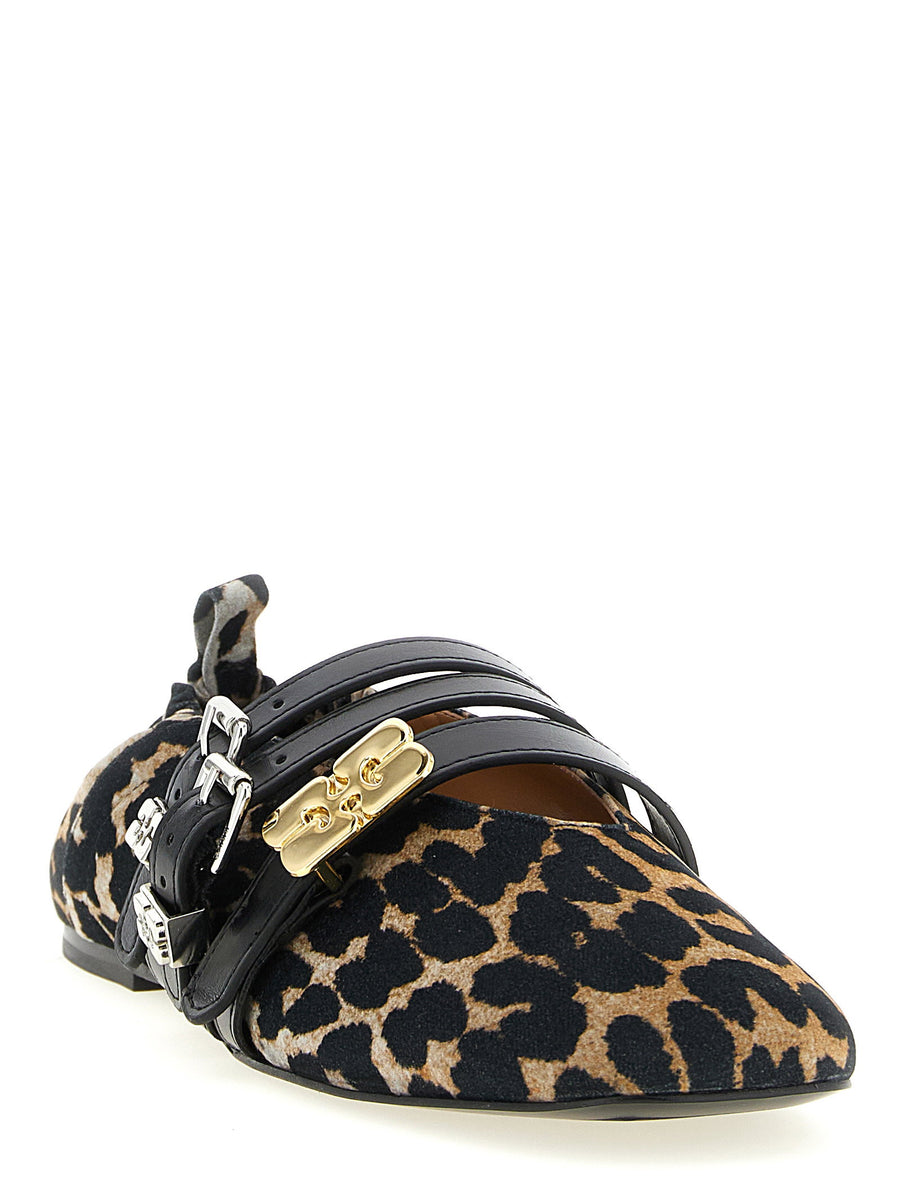 Ganni Sue Ballet Flats Multicolor Animal Print Leather Sole Adjustable Straps