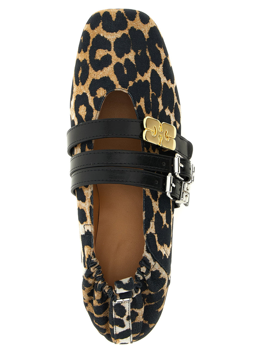 Ganni Sue Ballet Flats Multicolor Animal Print Leather Sole Adjustable Straps