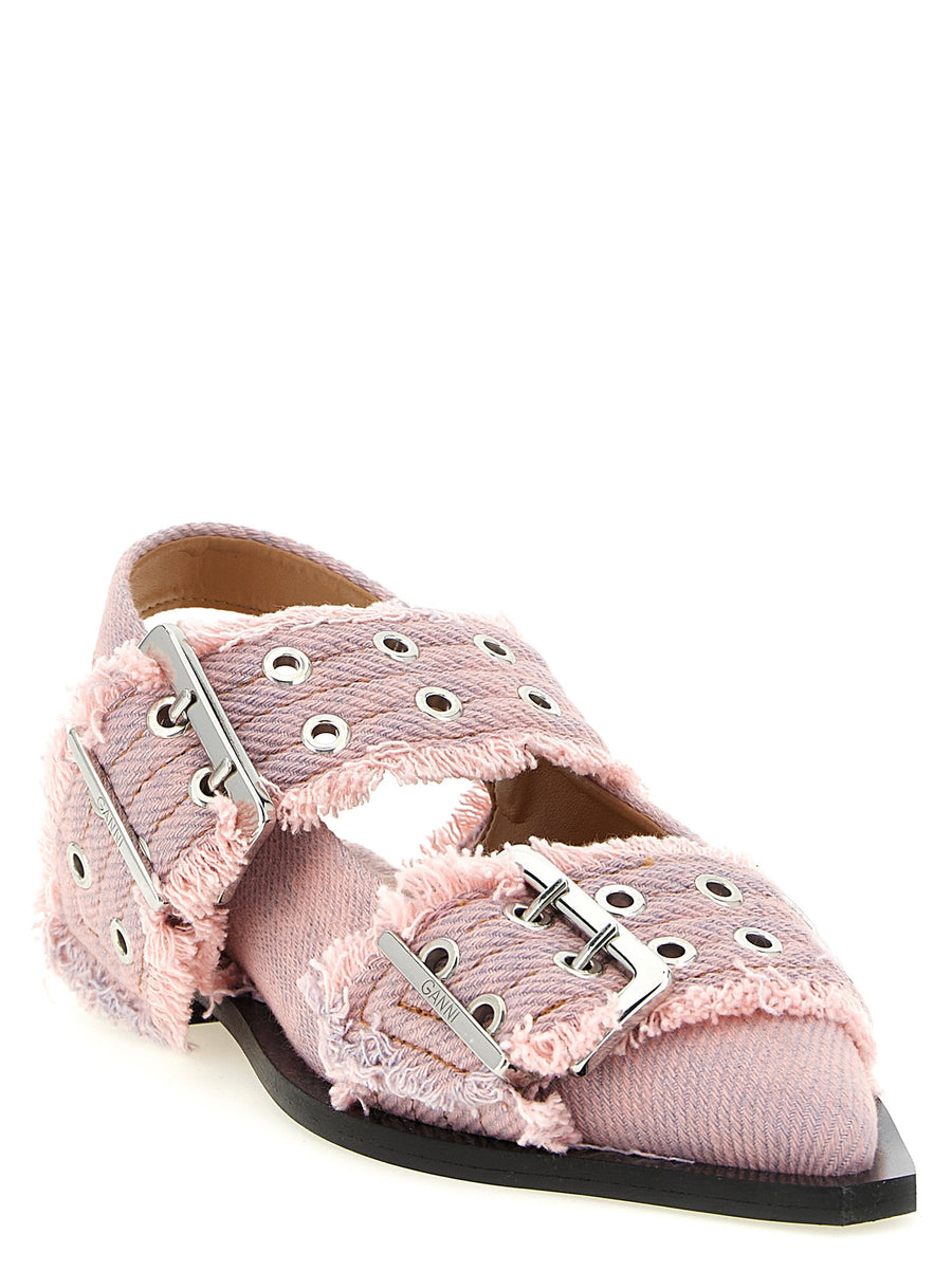 Ganni Feminine Buckle Fringed Denim Slingback