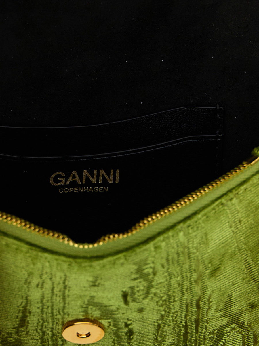 Ganni Lulu Wallet On Chain Velvet Green For Women Magnetic Flap Removable Chain Butterfly Logo Luxury