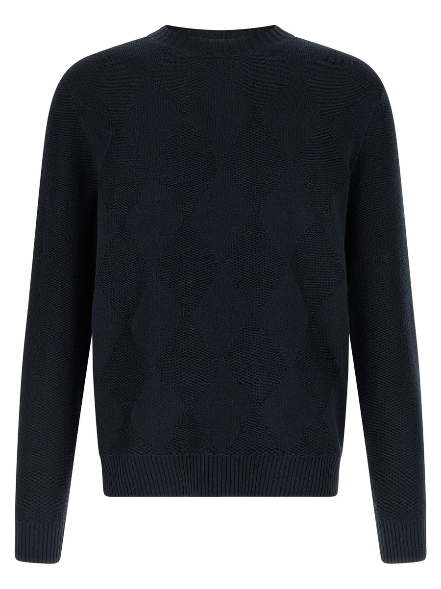 Ballantyne Diamond Intarsia Sweater for Women Blue Cotton Linen Knit Everyday Luxury Subtle Diamond Front