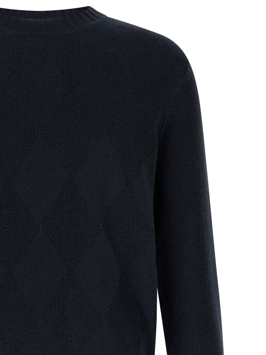 Ballantyne Diamond Intarsia Sweater for Women Blue Cotton Linen Knit Everyday Luxury Subtle Diamond Front