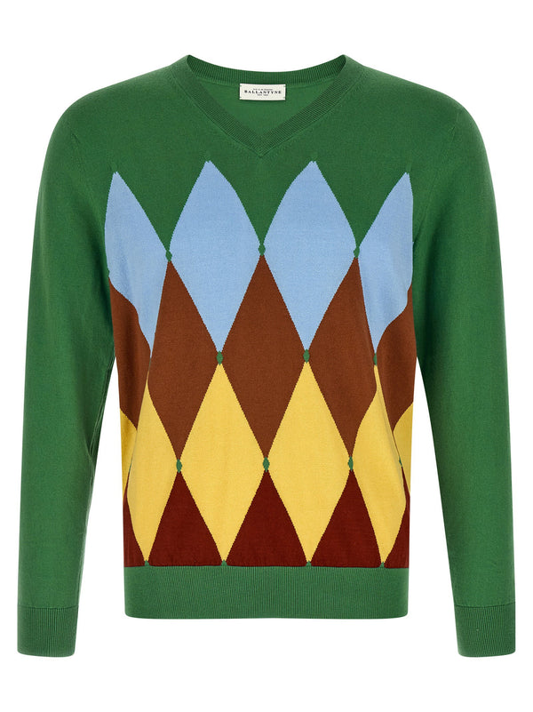Ballantyne Green Cotton Cashmere Jacquard Argyle V Neck Sweater For Women