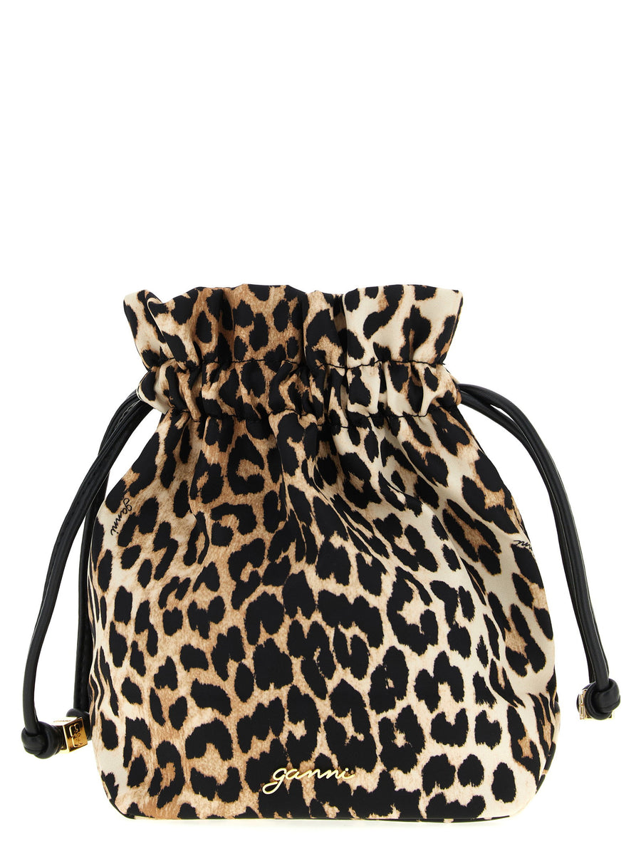 Ganni Animalier Pouch Compact Nylon Clutch For Women Brown Animal Print Recycled Polyamide Drawstring Closure