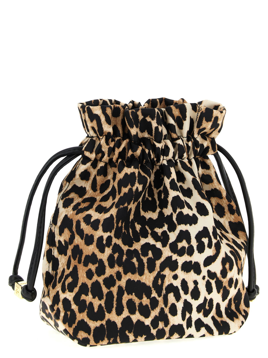 Ganni Animalier Pouch Compact Nylon Clutch For Women Brown Animal Print Recycled Polyamide Drawstring Closure