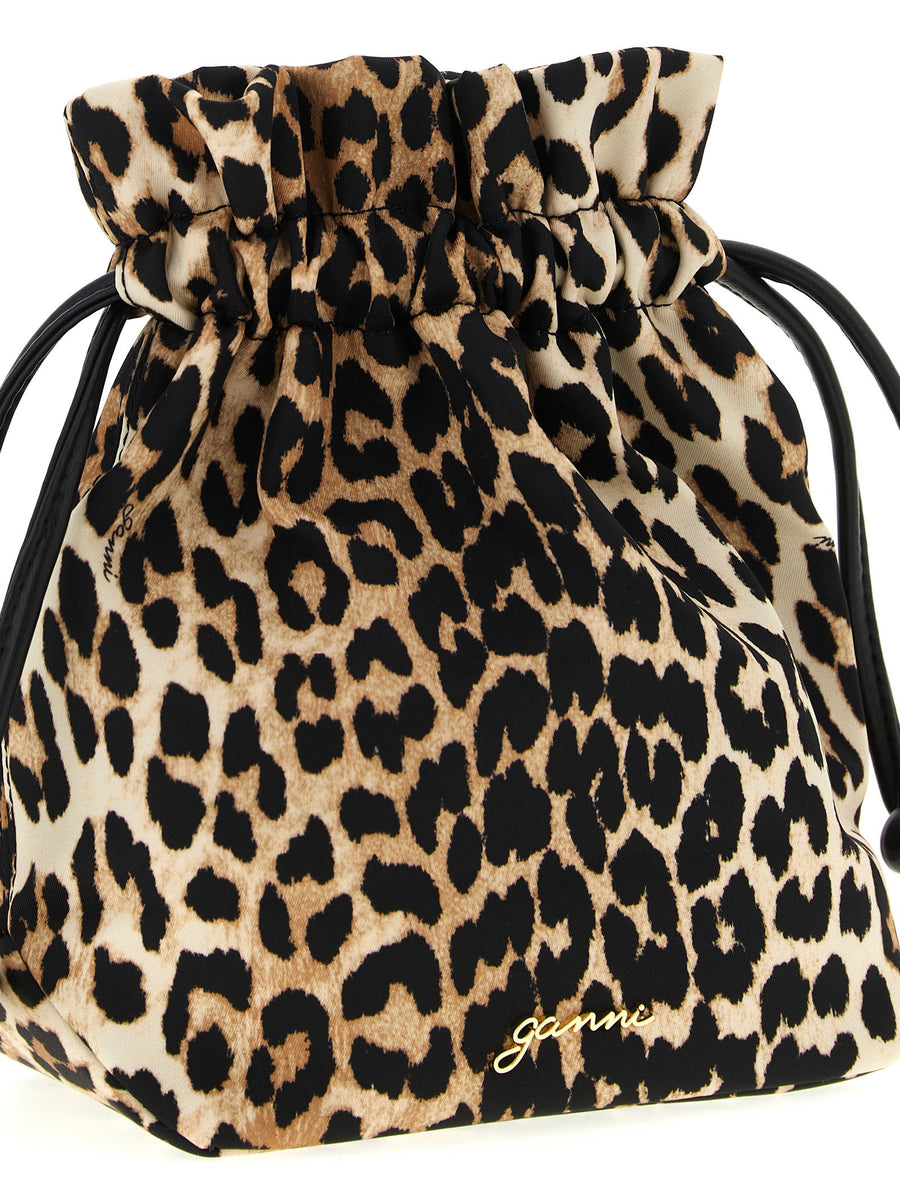 Ganni Animalier Pouch Compact Nylon Clutch For Women Brown Animal Print Recycled Polyamide Drawstring Closure