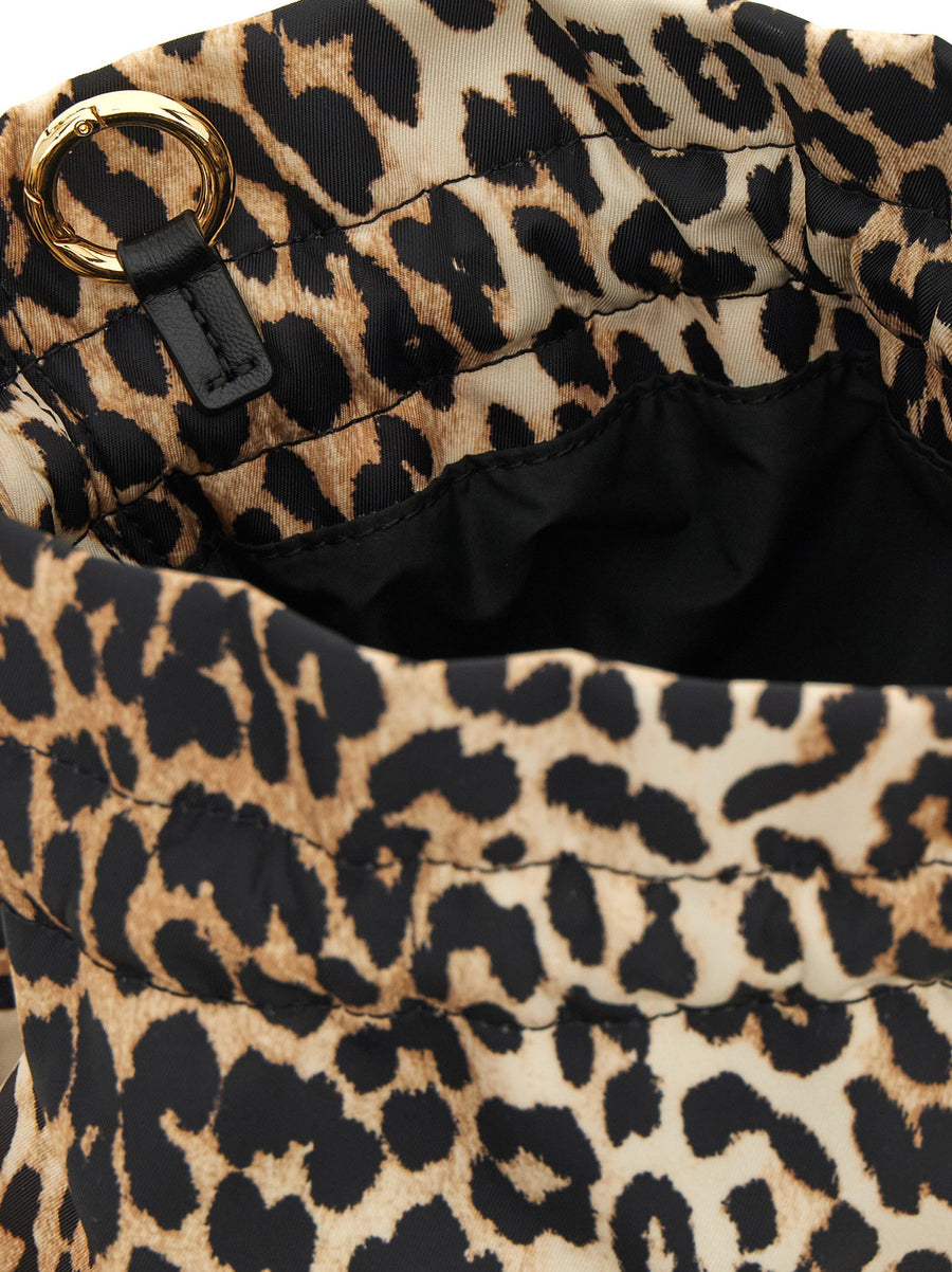 Ganni Animalier Pouch Compact Nylon Clutch For Women Brown Animal Print Recycled Polyamide Drawstring Closure