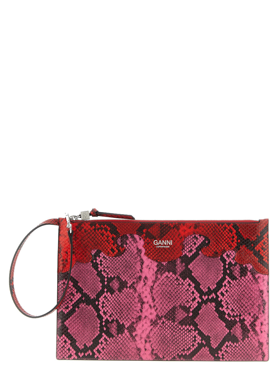 Ganni Fairy Pouch Clutch For Women Bold Fuchsia Leather-Look Glossy Snake-Print Top Zip Evening Bag
