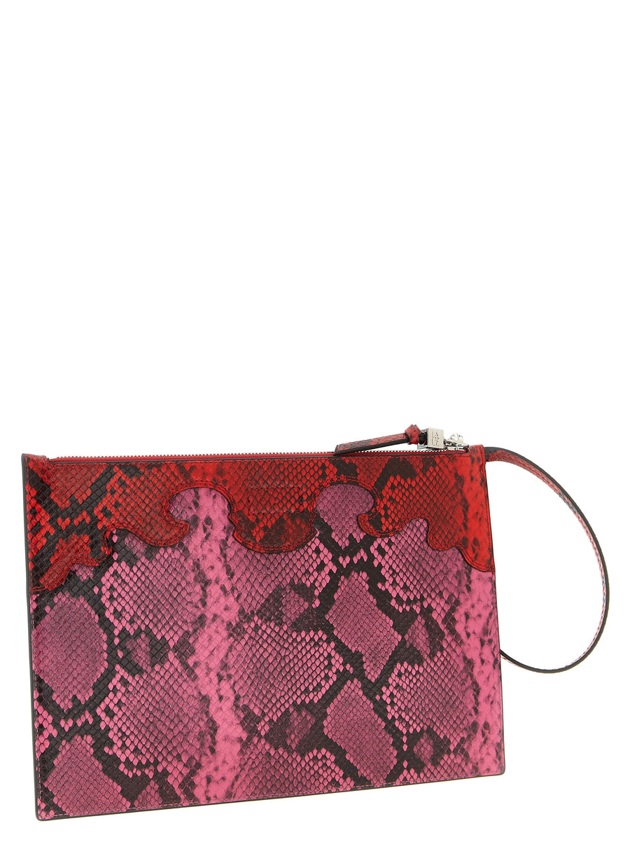 Ganni Fairy Pouch Clutch For Women Bold Fuchsia Leather-Look Glossy Snake-Print Top Zip Evening Bag
