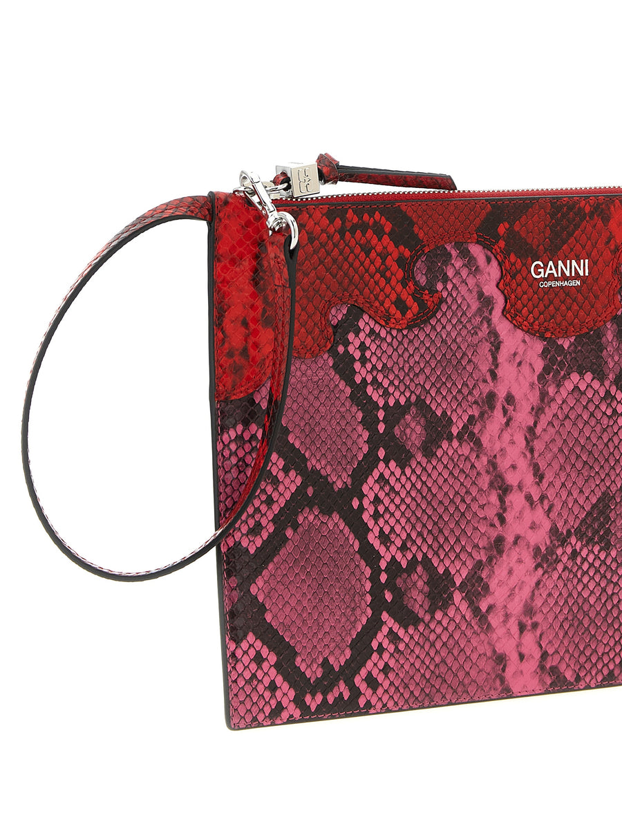 Ganni Fairy Pouch Clutch For Women Bold Fuchsia Leather-Look Glossy Snake-Print Top Zip Evening Bag