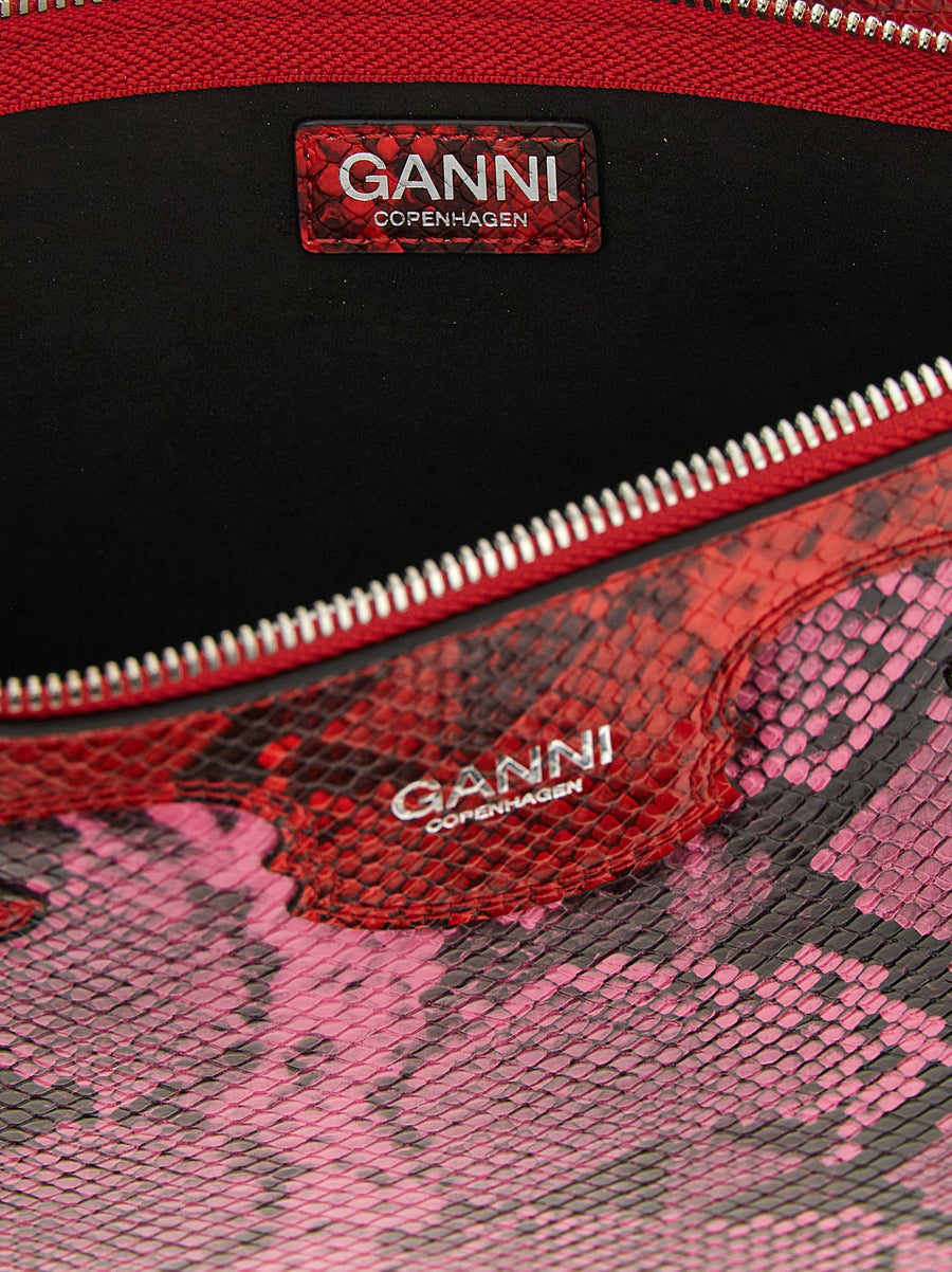 Ganni Fairy Pouch Clutch For Women Bold Fuchsia Leather-Look Glossy Snake-Print Top Zip Evening Bag