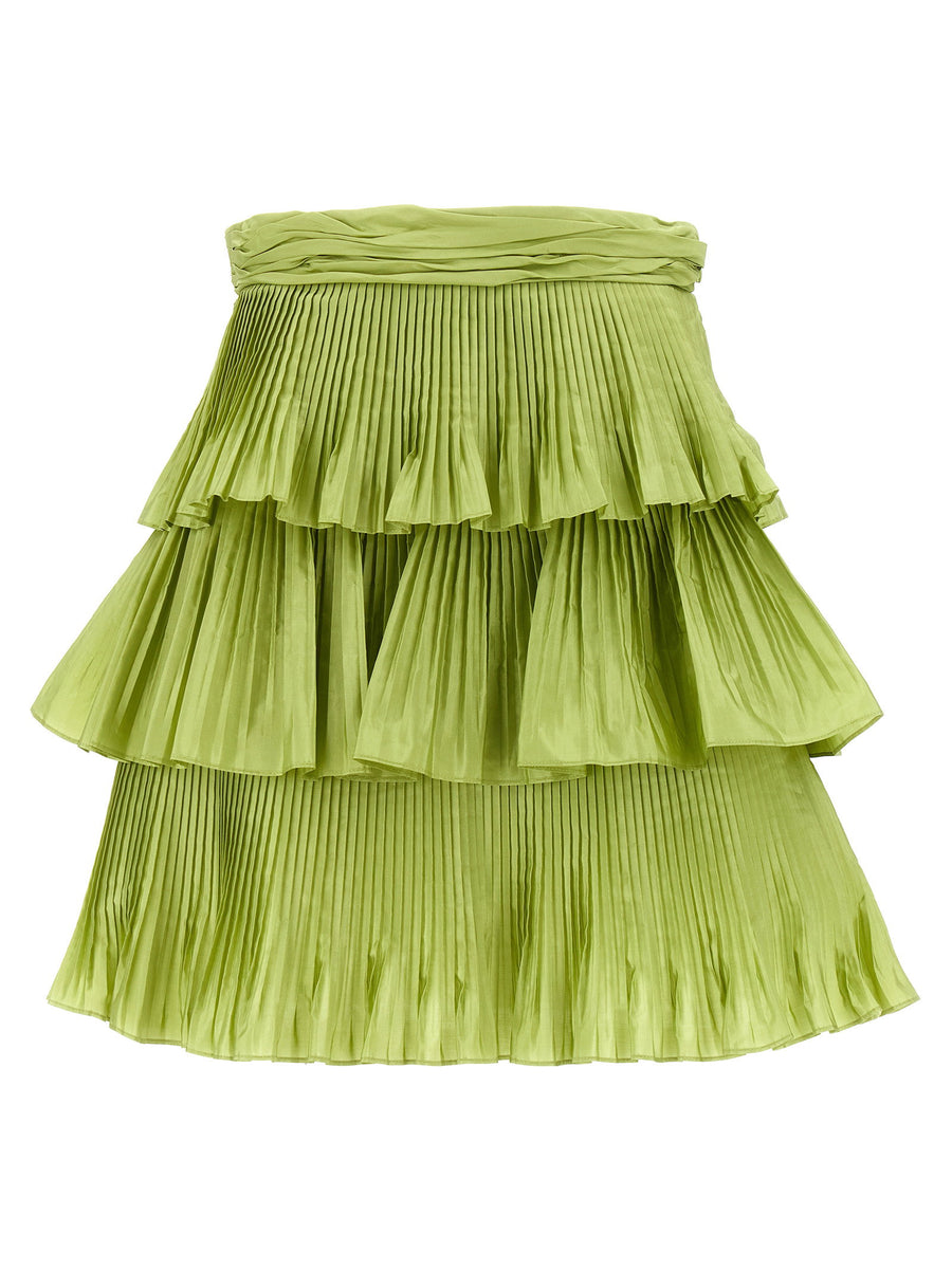 Valentino Garavani Green Silk Taffeta Mini Skirt With Pleated Flounces