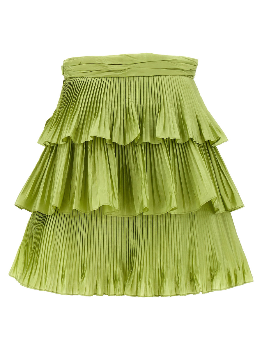 Valentino Garavani Green Silk Taffeta Mini Skirt With Pleated Flounces