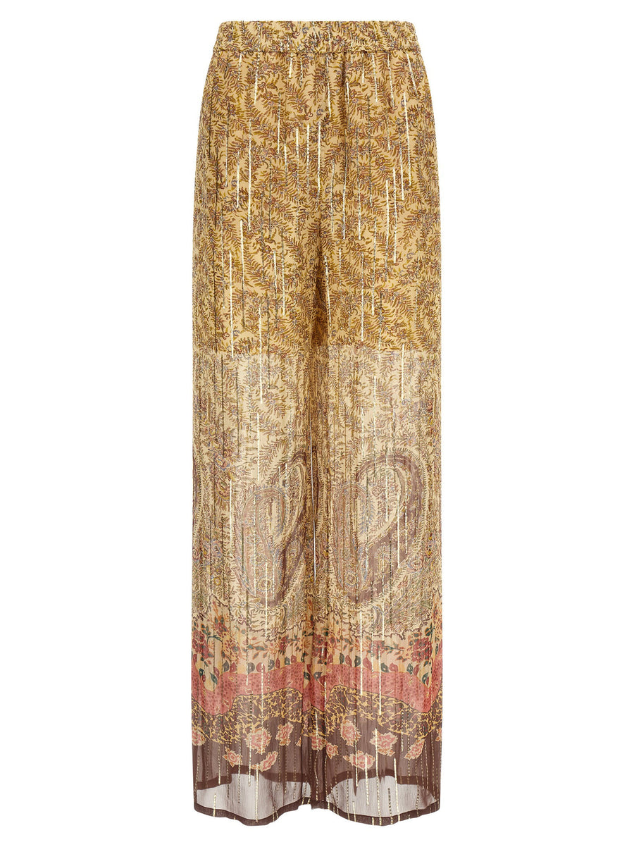 Valentino Garavani Voyage Imaginaire Silk Pants With Lame Print Wide Leg Drawstring Waist Pockets For Women