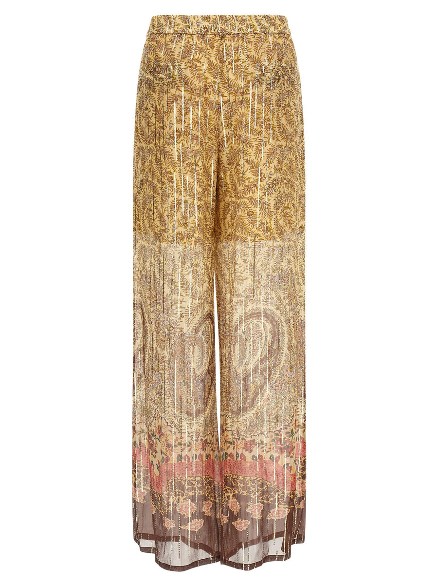 Valentino Garavani Voyage Imaginaire Silk Pants With Lame Print Wide Leg Drawstring Waist Pockets For Women