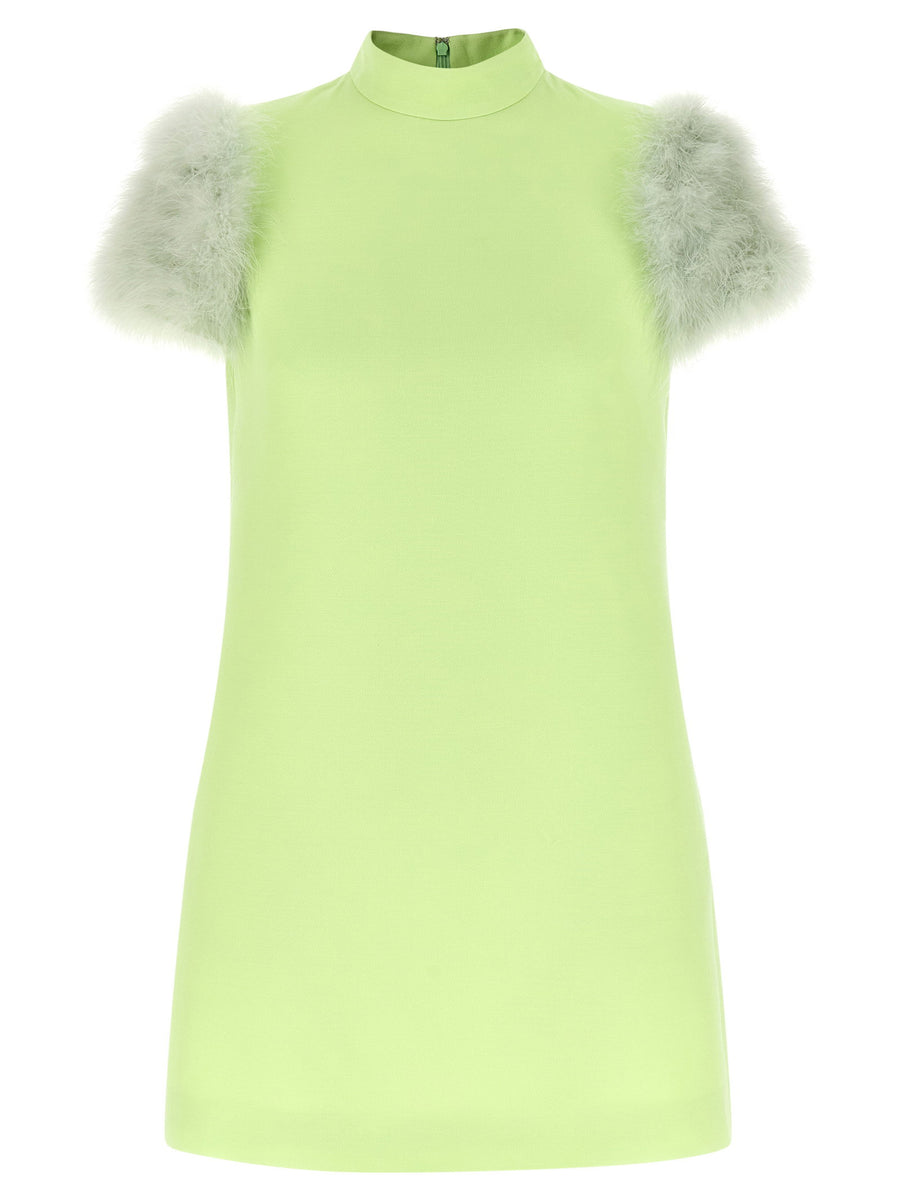 Valentino Garavani Feather Dress Green Wool Crepe Mini With Sculpted High Neck And Feather Sleeves For Women