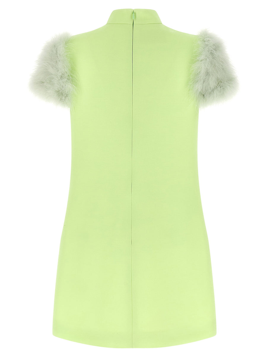 Valentino Garavani Feather Dress Green Wool Crepe Mini With Sculpted High Neck And Feather Sleeves For Women