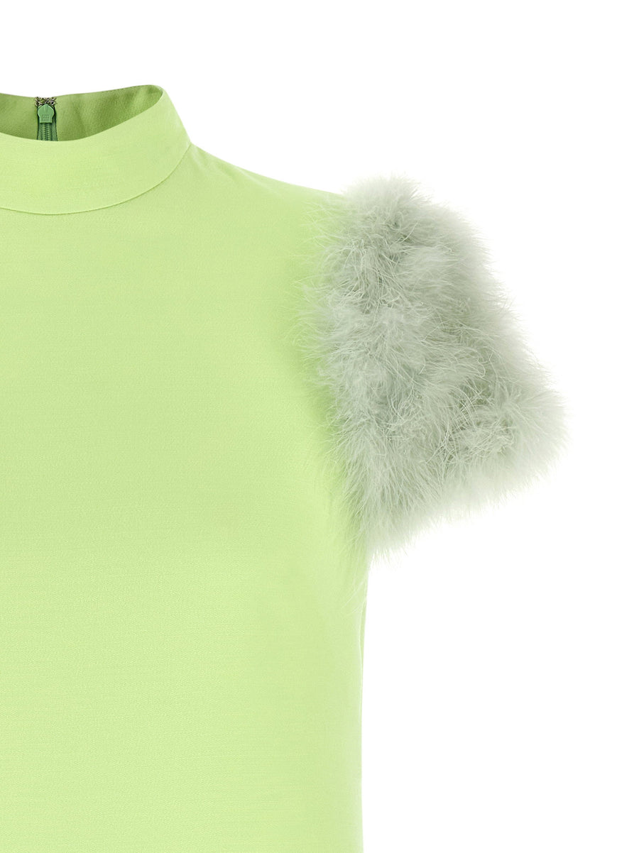 Valentino Garavani Feather Dress Green Wool Crepe Mini With Sculpted High Neck And Feather Sleeves For Women
