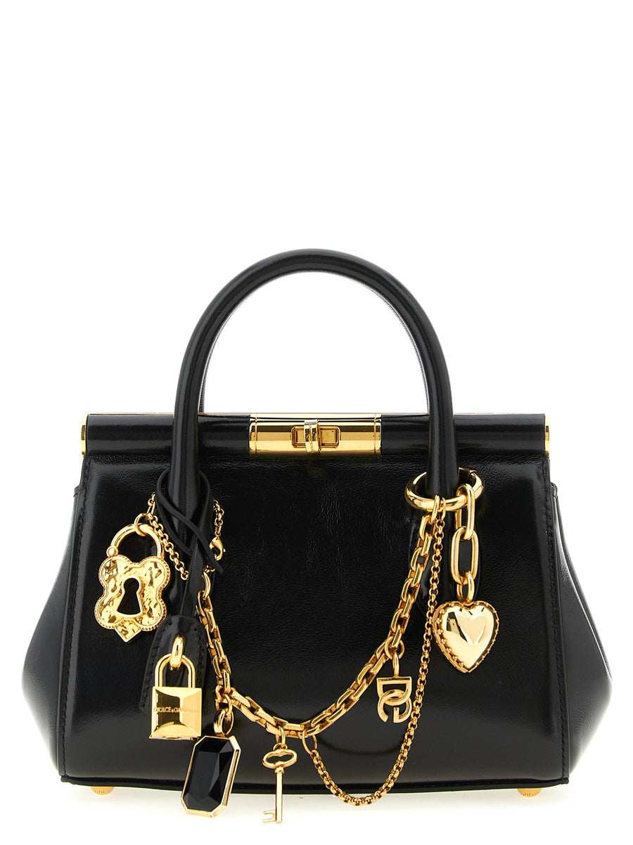 Dolce and Gabbana Marlene Mini Handbag for Women Black Calfskin with Charms Turn Lock Padlock Evening Accessory