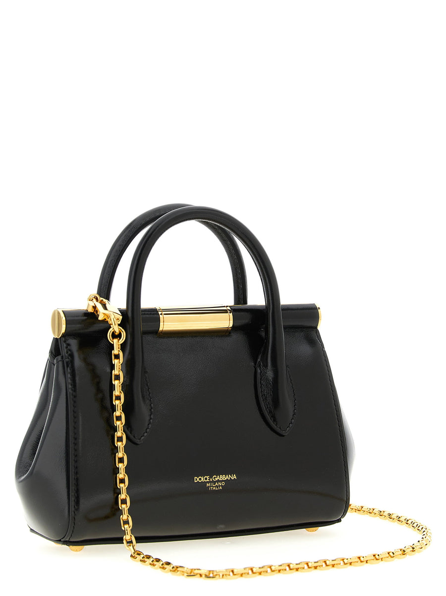 Dolce and Gabbana Marlene Mini Handbag for Women Black Calfskin with Charms Turn Lock Padlock Evening Accessory