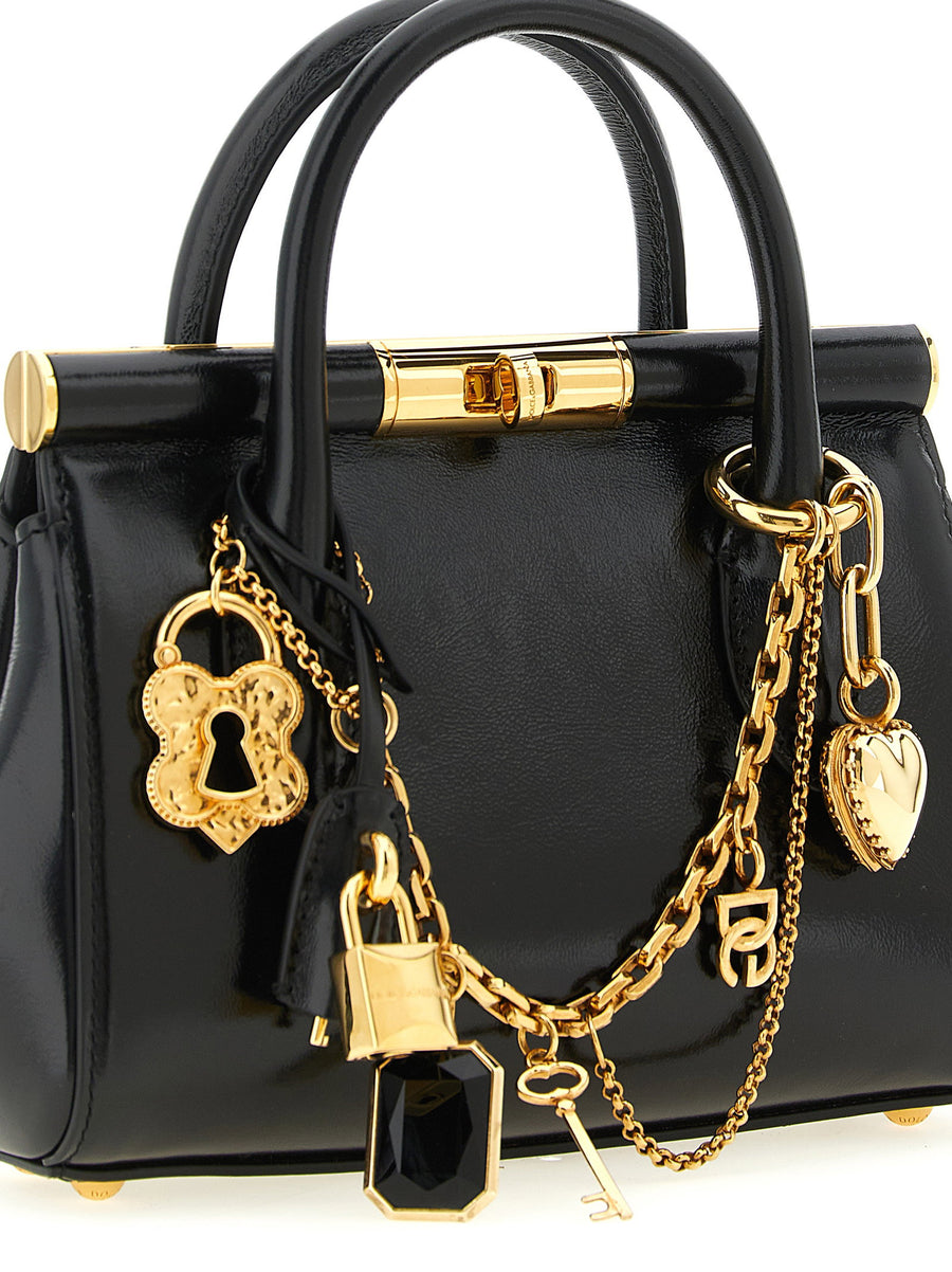 Dolce and Gabbana Marlene Mini Handbag for Women Black Calfskin with Charms Turn Lock Padlock Evening Accessory