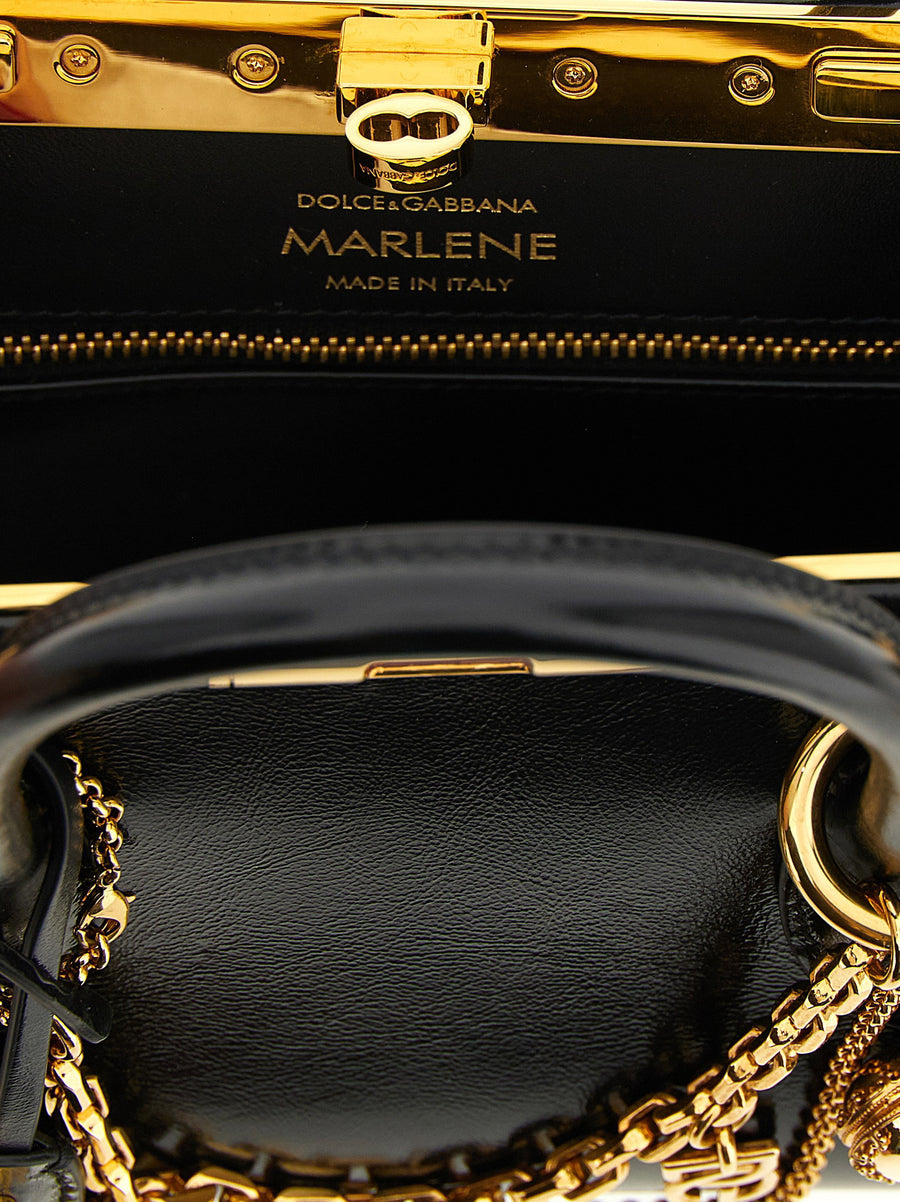 Dolce and Gabbana Marlene Mini Handbag for Women Black Calfskin with Charms Turn Lock Padlock Evening Accessory