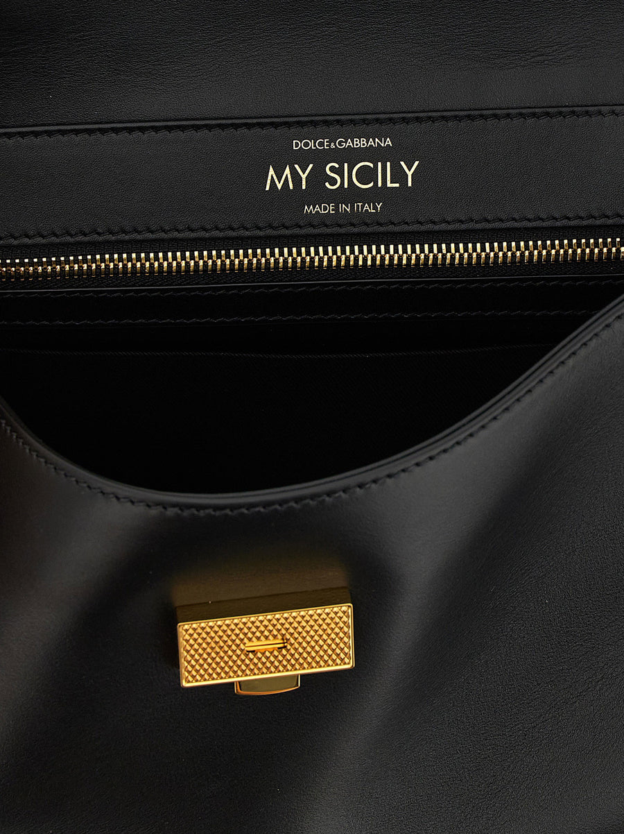 Dolce And Gabbana My Sicily Medium Handbag Black Plonge Calf Leather For Women Luxurious Evening Accessory